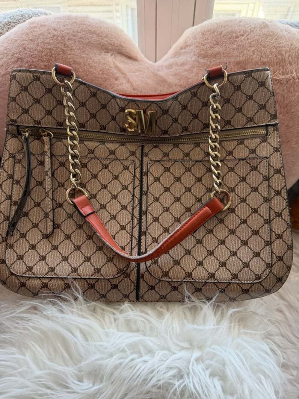 Steve Madden SM Logo Monogram Tote Bag with Gold Chain Straps